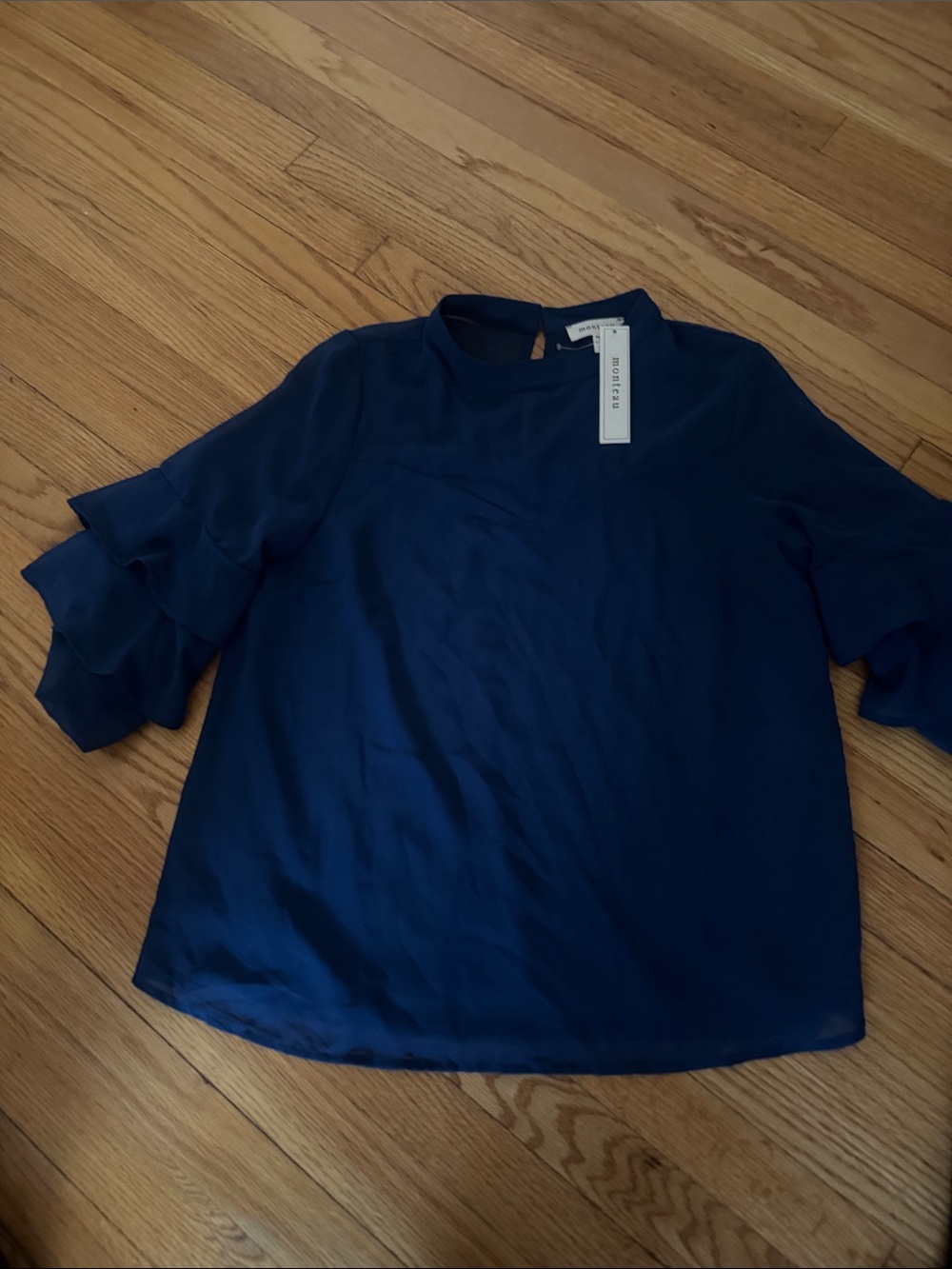 Monteau Navy Ruffle-Sleeve Blouse